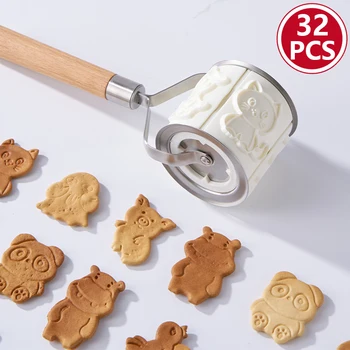 Roller Biscuit Formy s 32pcs Papierové Zvieratá, Autá Vzory, Vianočné Cesto Koľajových Pin Cookie Cutter Plesne Pečivo Pečiva Nástroje 1