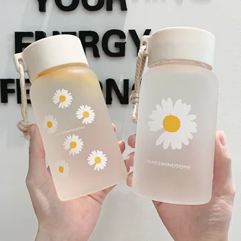 500 ml Malé Daisy Transparentných Plastových Fliaš Vody BPA Free Tvorivé Matné Fľaša na Vodu S Prenosné Lano Cestovné Šálku Čaju 1
