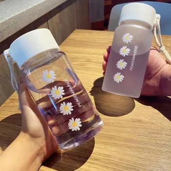 500 ml Malé Daisy Transparentných Plastových Fliaš Vody BPA Free Tvorivé Matné Fľaša na Vodu S Prenosné Lano Cestovné Šálku Čaju 2