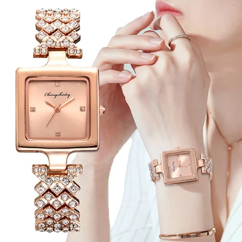 Jednoduché ružové zlato Ženy Hodinky Módnej Značky Skvelého Full Diamant z Nehrdzavejúcej Ocele Dámske náramkové hodinky Žena Quartz Hodiny 1