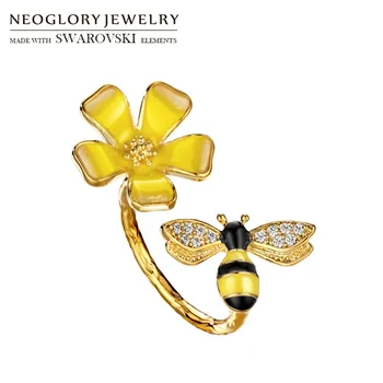 Neoglory Smalt & Zirkón Nastaviteľné Prst Prsteň Zlatá Farba Roztomilý Bee & Kvet Prírodný Štýl Holka Trendy Denne Klasický Darček 1