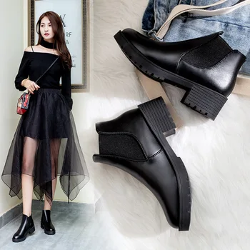 2020 Jesenné Topánky Ženy Členková Obuv Black Chelsea Boots Pošmyknúť na Dámske Ležérne Módne Pohodlné Silné Päty Topánky NVX168 2