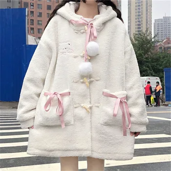Kawaii Ružový Kabát s Kapucňou Bavlna Kabát Horn Pracky Japonskej Škole Štýl Sladké Jeseň a v Zime Teplý Kabát Oblečenie pre Ženy 1