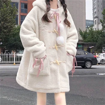 Kawaii Ružový Kabát s Kapucňou Bavlna Kabát Horn Pracky Japonskej Škole Štýl Sladké Jeseň a v Zime Teplý Kabát Oblečenie pre Ženy 2
