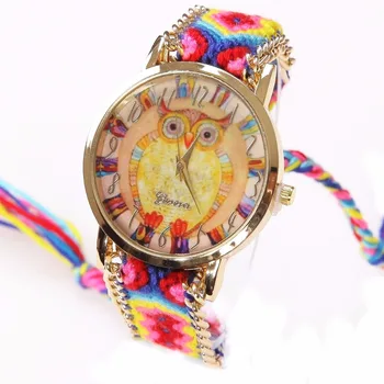 Gnova Platinum Rainbow Pozerať na Ženy, etnické módne sova náramkové hodinky hippie Čipky Reťazca Pletená Reloj Dievča Ročník Ženevského Štýl A011 1