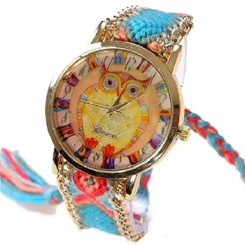 Gnova Platinum Rainbow Pozerať na Ženy, etnické módne sova náramkové hodinky hippie Čipky Reťazca Pletená Reloj Dievča Ročník Ženevského Štýl A011 2