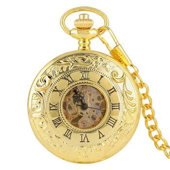 Luxusné Zlaté Starožitné Mechanické Kostra Vreckové Hodinky Dvojité Otvorené Bočné Rímske Čísla Prívesok s Fob Reťazca Reloj De Bolsillo 1