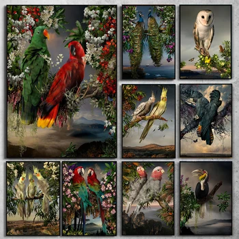 Akvarel Papagáj Páva Vták Kvety Plagát a Vytlačí Wall Art Obraz na Plátne Maľovanie Moderné Zvierat Krajiny Domova 1
