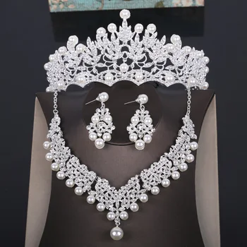 Crystal Pearl Šperky Sady Drahokamu Kostým Vyhlásenie Náhrdelník Módne Náušnice Koruny Tiaras Nastaviť Ženy, Svadobné Šperky Sady 1