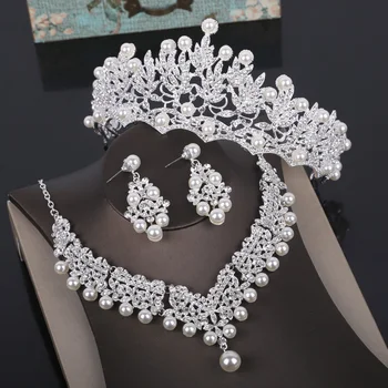 Crystal Pearl Šperky Sady Drahokamu Kostým Vyhlásenie Náhrdelník Módne Náušnice Koruny Tiaras Nastaviť Ženy, Svadobné Šperky Sady 2