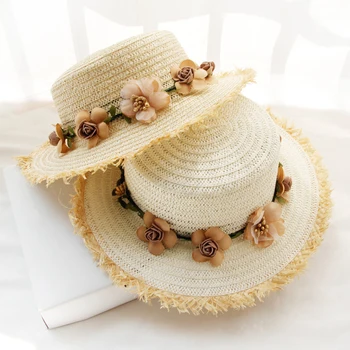 2019 Rodič-dieťa žien klobúk slnko klobúk Panamskej štýl Clonu dievča klobúk S kvetmi luk slamy strapec klobúk Skladací pás s nástrojmi spp Mujer 2