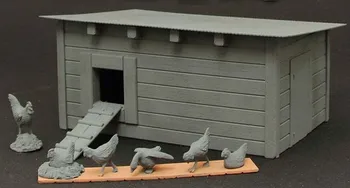 1/35 dávnych Kuracie Set s Henhouse (6 kurčiat) Živice obrázok Modelu súpravy Miniatúrne gk Unassembly Nevyfarbené 1