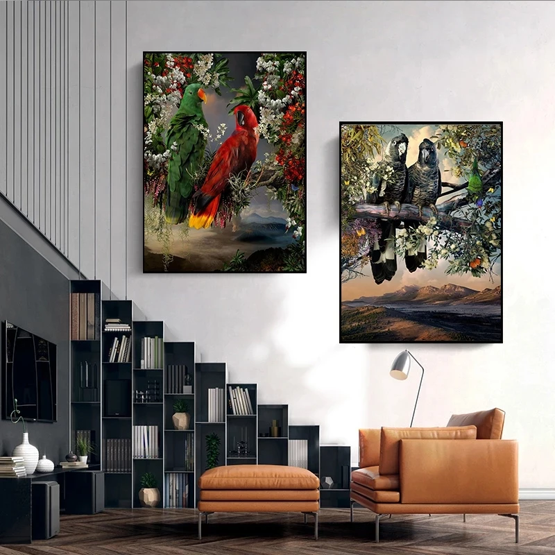 Akvarel Papagáj Páva Vták Kvety Plagát a Vytlačí Wall Art Obraz na Plátne Maľovanie Moderné Zvierat Krajiny Domova Obrázok 3