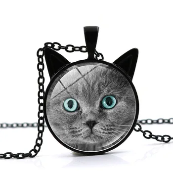 Roztomilé Mačka Sklo Cabochon Náhrdelník pre Ženy Šperky Black Cat Ucho Prívesok Vintage Reťazca Náhrdelník pre Dievčatá Darček Žena