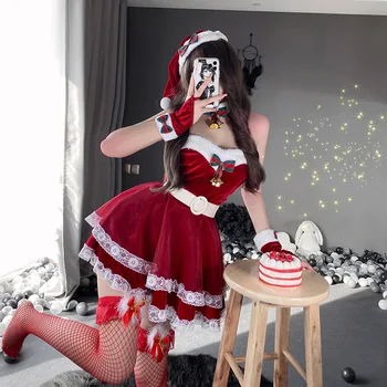 Vianočné Červený Žena Uniforme, Nový Rok, Cosplay Kostýmy Plášť Bunny Dievča Slúžka Oblečenie Sexy Šaty Golier Rukáv Santa Klobúk 1