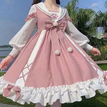 M-4XL Sladké Dievčenskú Ružovú Luk Lolita Šaty Voľné Dlhý Rukáv Sladké Kawaii Tea Party Princess Cos Lolita OP Šaty Víla Kei 2