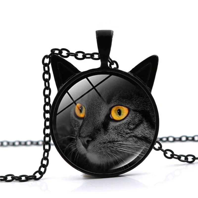 Roztomilé Mačka Sklo Cabochon Náhrdelník pre Ženy Šperky Black Cat Ucho Prívesok Vintage Reťazca Náhrdelník pre Dievčatá Darček Žena Obrázok 1