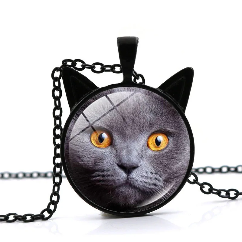 Roztomilé Mačka Sklo Cabochon Náhrdelník pre Ženy Šperky Black Cat Ucho Prívesok Vintage Reťazca Náhrdelník pre Dievčatá Darček Žena Obrázok 5
