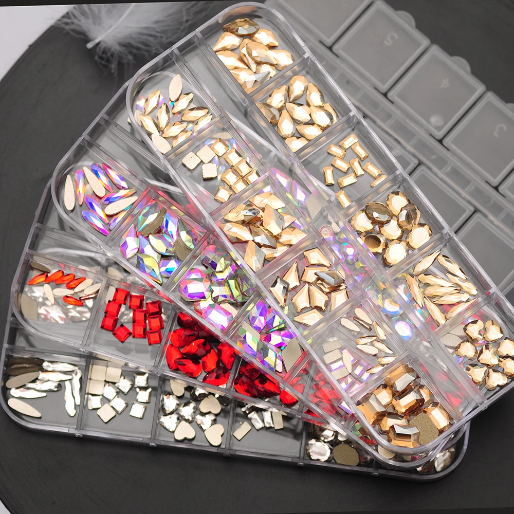 12Girds Box Multi Veľkosť Farebné Non Rýchla oprava Kamienkami Flatback Crystal Drahokamy Diamant Lesk 3D Nail Art Luxusné Dekorácie Obrázok 1