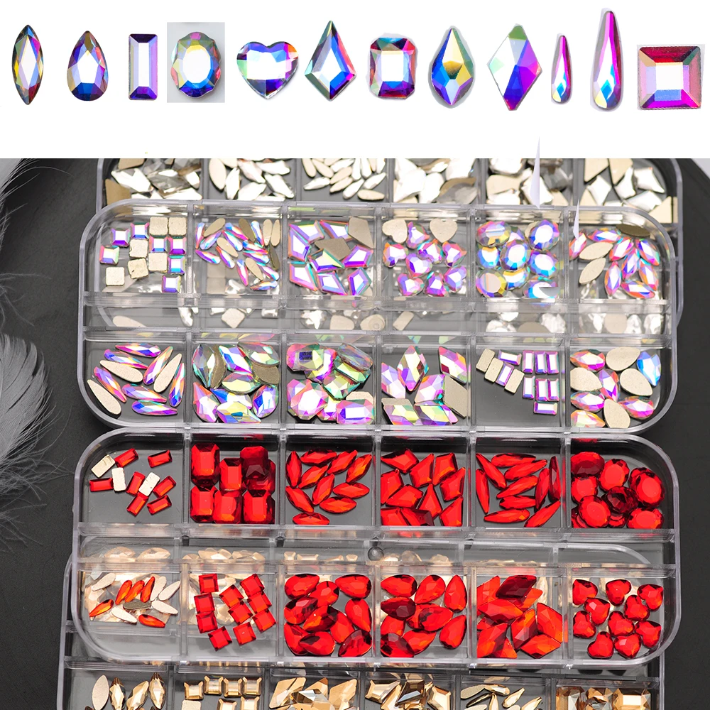 12Girds Box Multi Veľkosť Farebné Non Rýchla oprava Kamienkami Flatback Crystal Drahokamy Diamant Lesk 3D Nail Art Luxusné Dekorácie Obrázok 5